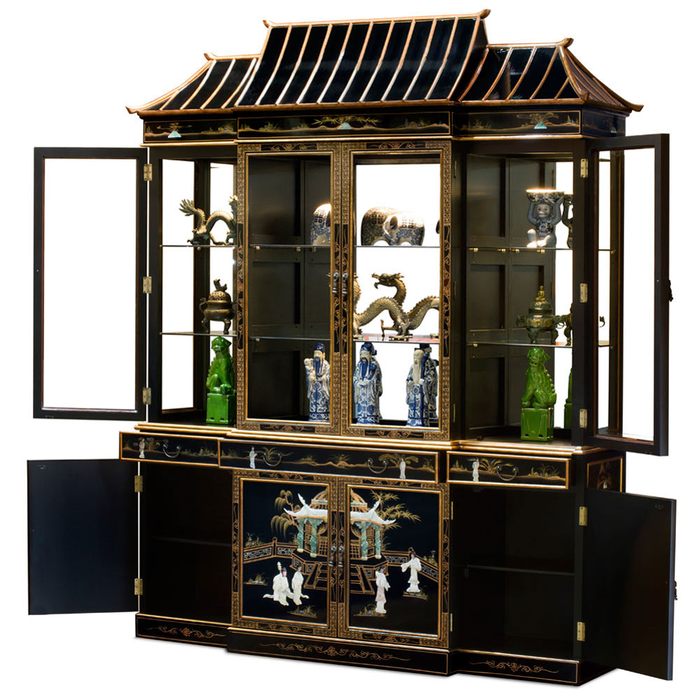 Black Lacquer Mother of Pearl Pagoda Oriental China Cabinet - with FREE Inside Delivery