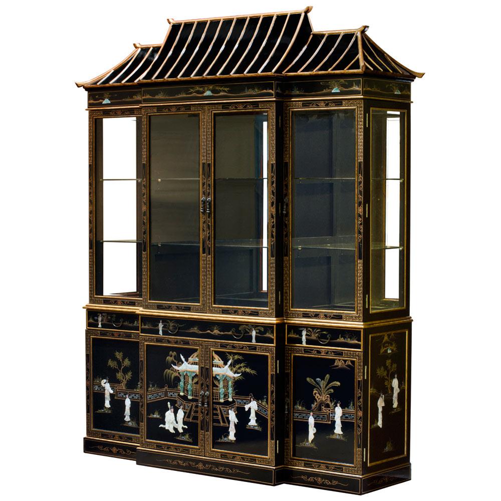 Black Lacquer Mother of Pearl Pagoda Oriental China Cabinet