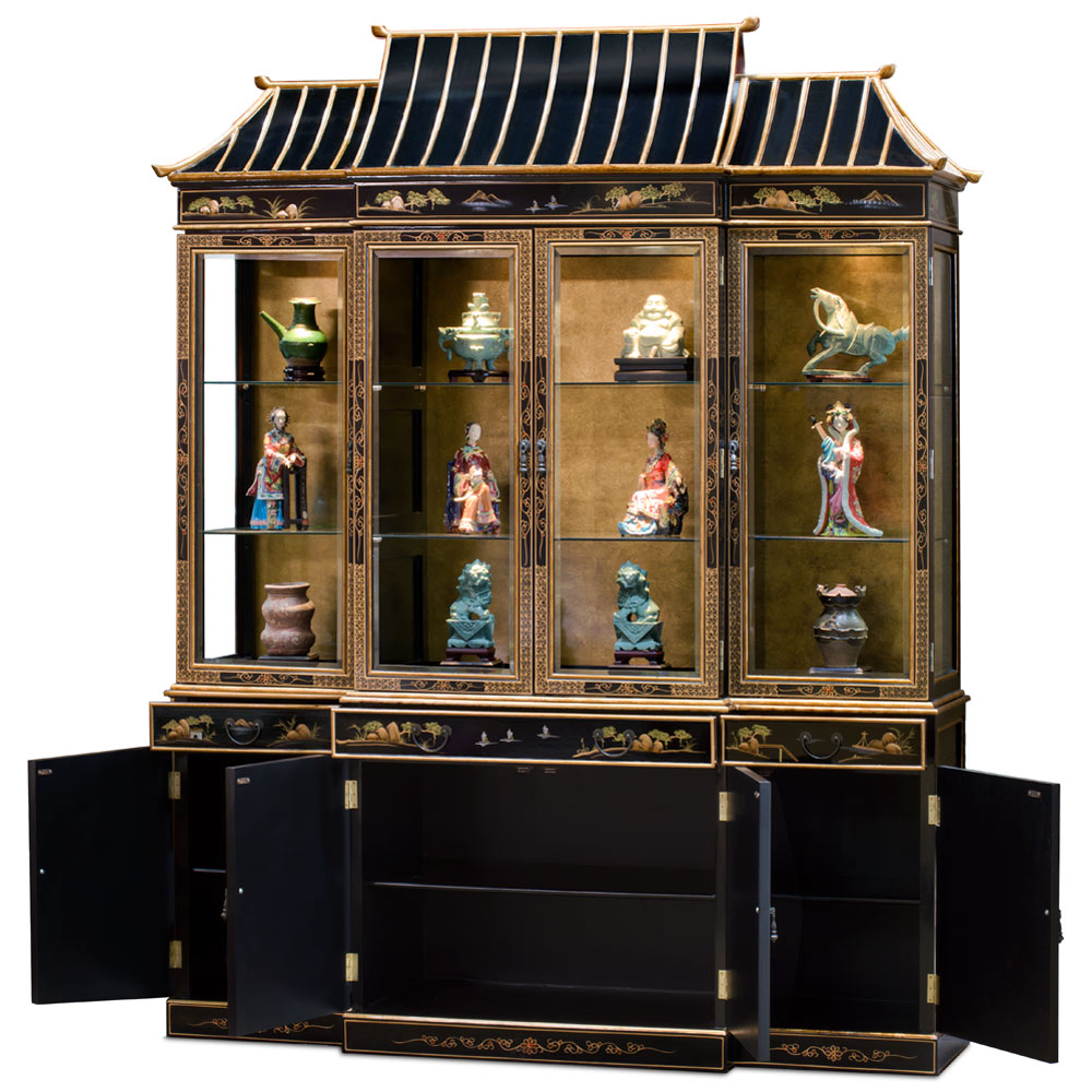 72in Black Lacquer Chinoiserie Pagoda Oriental China Cabinet