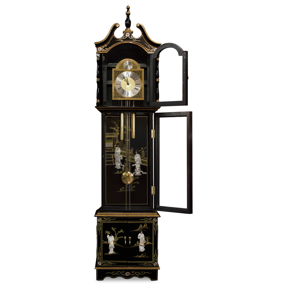 Black Lacquer Mother of Pearl Oriental Grandfather Clock