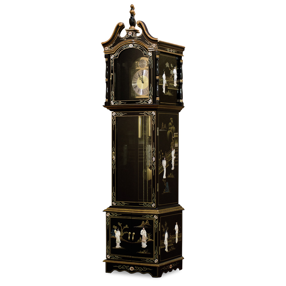 Black Lacquer Mother of Pearl Oriental Grandfather Clock