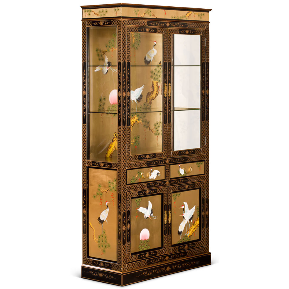 Hand Painted Gold Leaf  Crane Motif Asian China Cabinet
