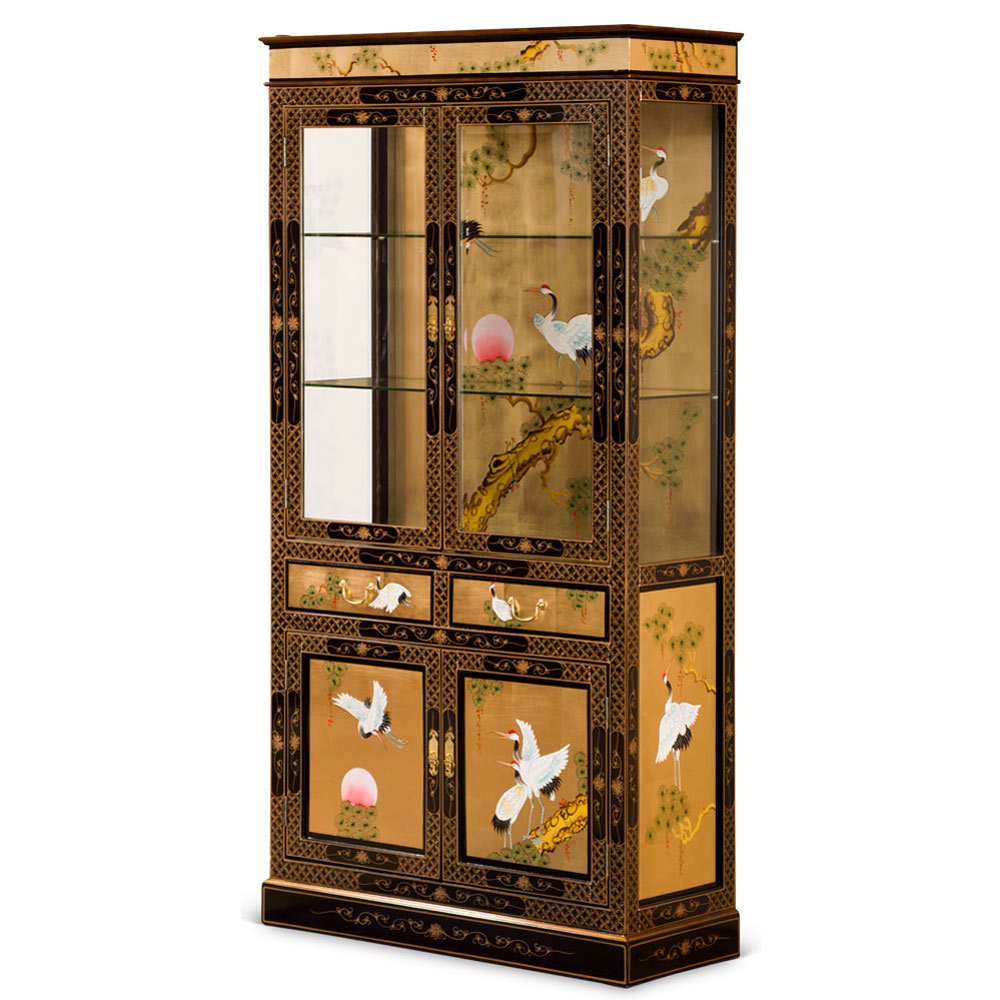 Hand Painted Gold Leaf  Crane Motif Asian China Cabinet