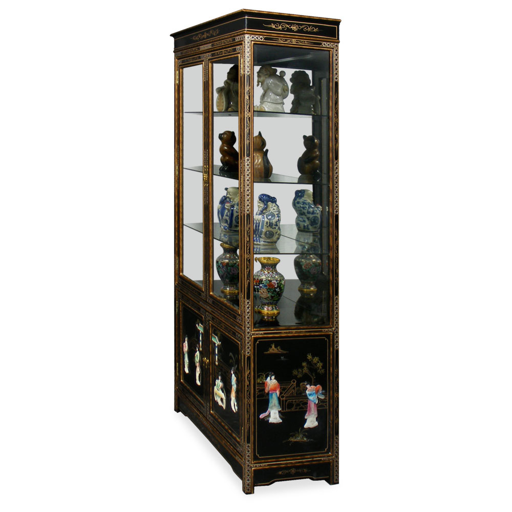 Black Lacquer Curio Cabinet with Soap Stone Lady Design