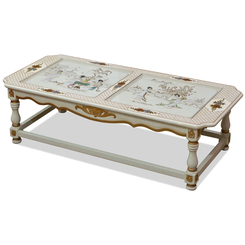 White Lacquer Mother of Pearl Asian Coffee Table