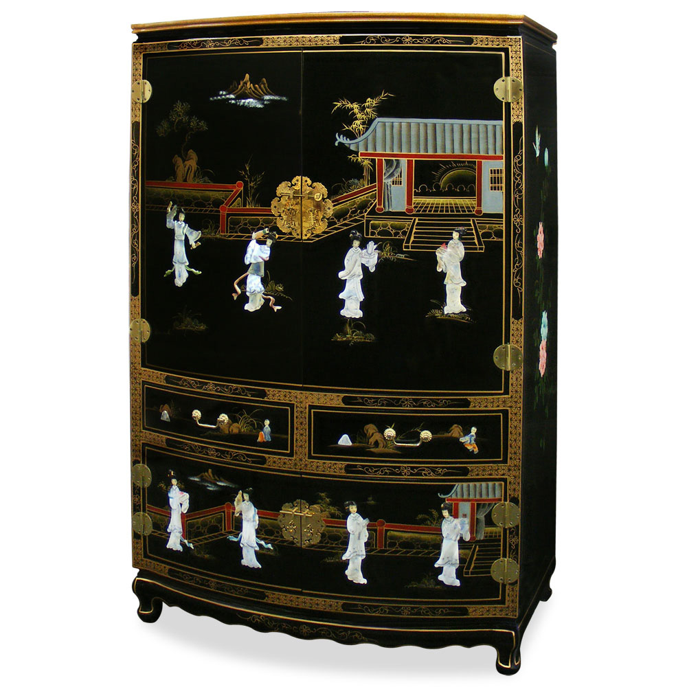 Black Lacquer Mother of Pearl TV Armoire