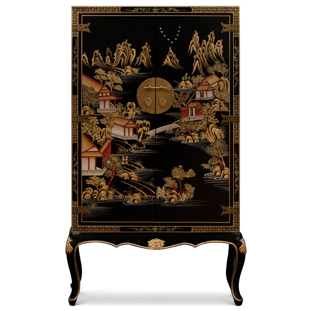 Black Victorian Style Chinoiserie Chinese Scenery Motif Armorire