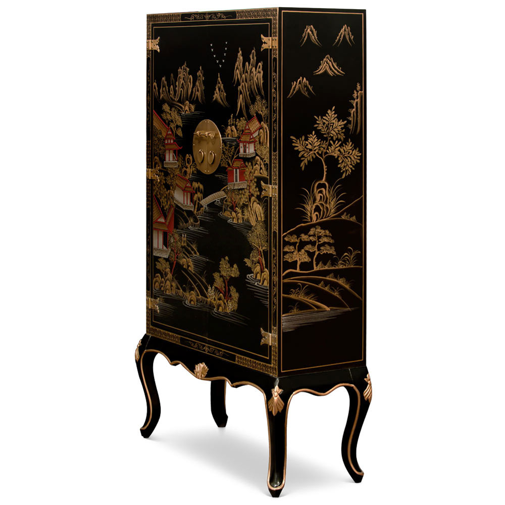 Black Victorian Style Chinoiserie Chinese Scenery Motif Armorire