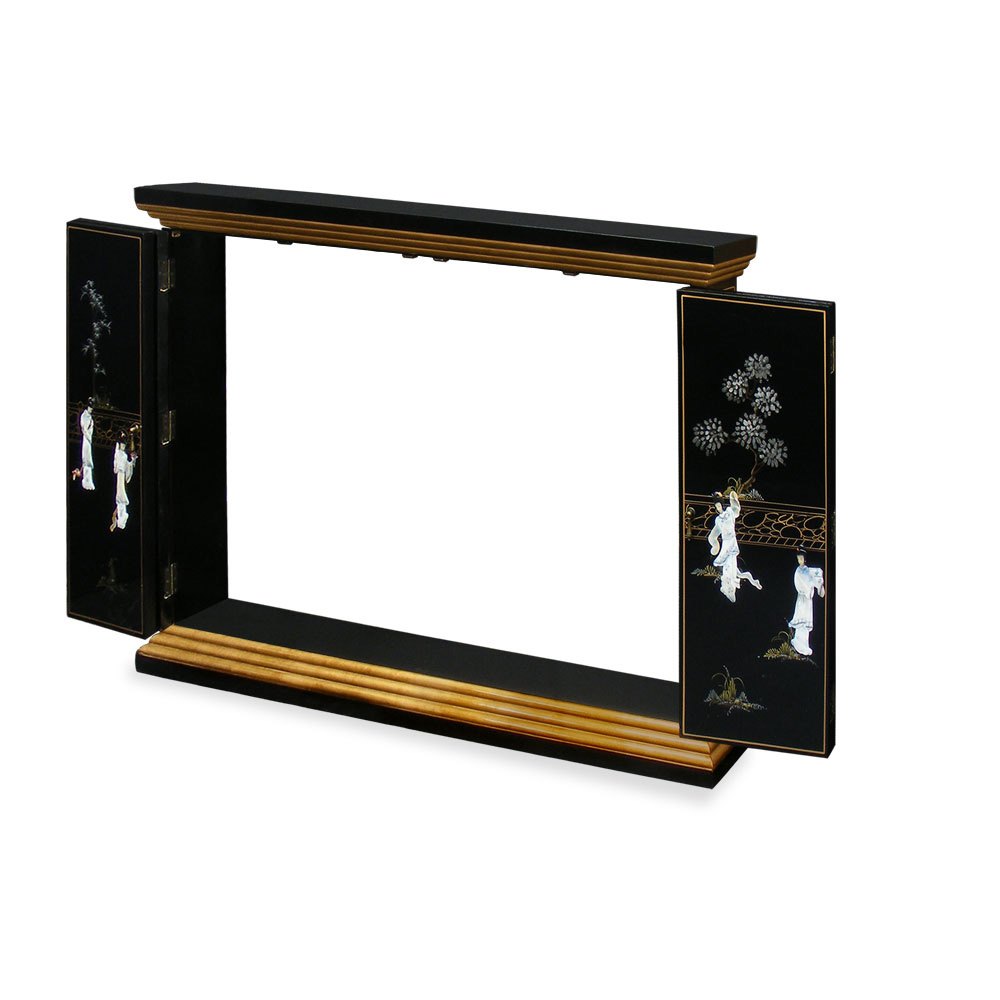 Black Lacquer Maidens Motif Wall TV Cabinet