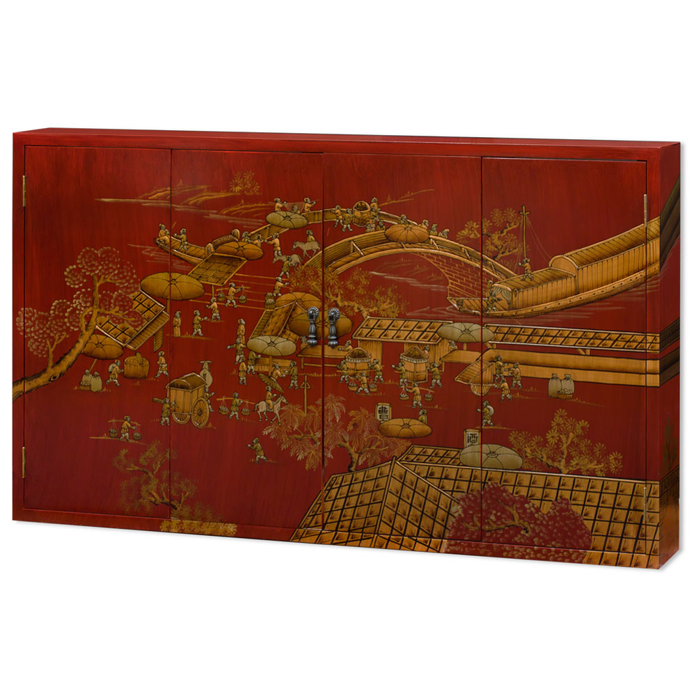 Asian red chinoiserie wall tv cabinet