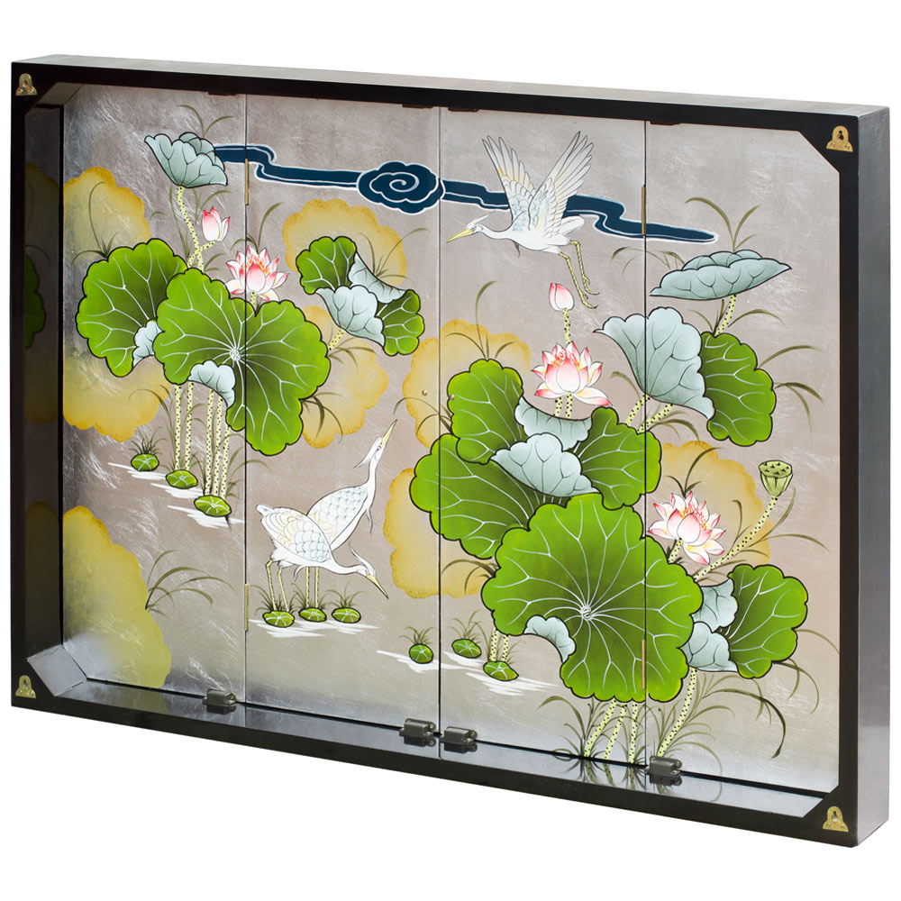 Silver Crackle Crane and Lotus Tranquility Chinese Wall Media Cabinet