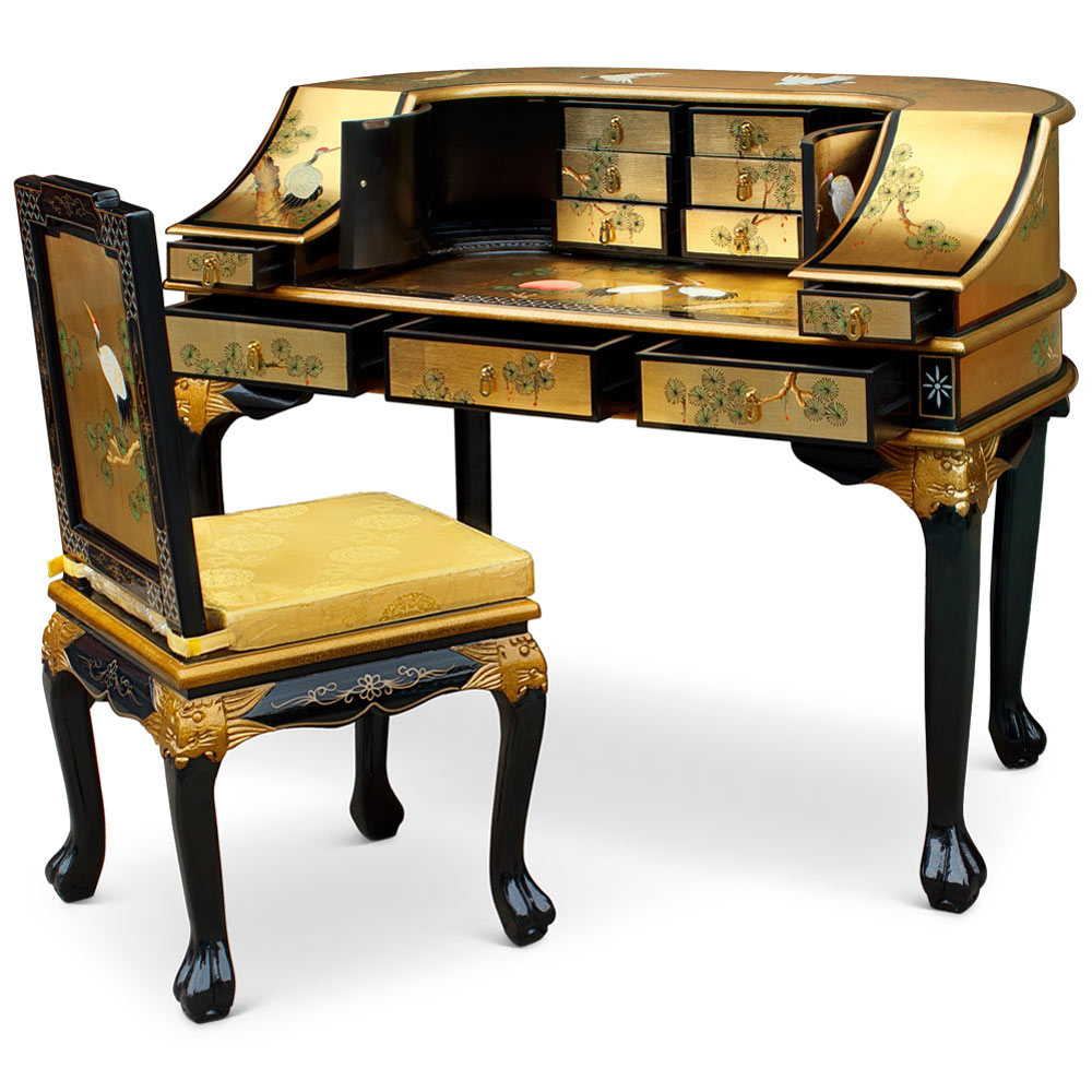 Gold Leaf Crane Harpsichord Style Oriental Desk Set