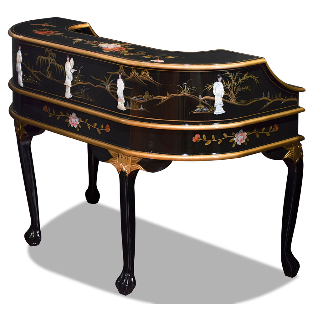 Black Lacquer Mother of Pearl Motif Harpsichord Style Oriental Desk Set