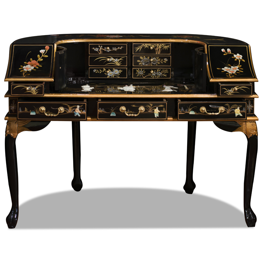 Black Lacquer Mother of Pearl Motif Harpsichord Style Oriental Desk Set