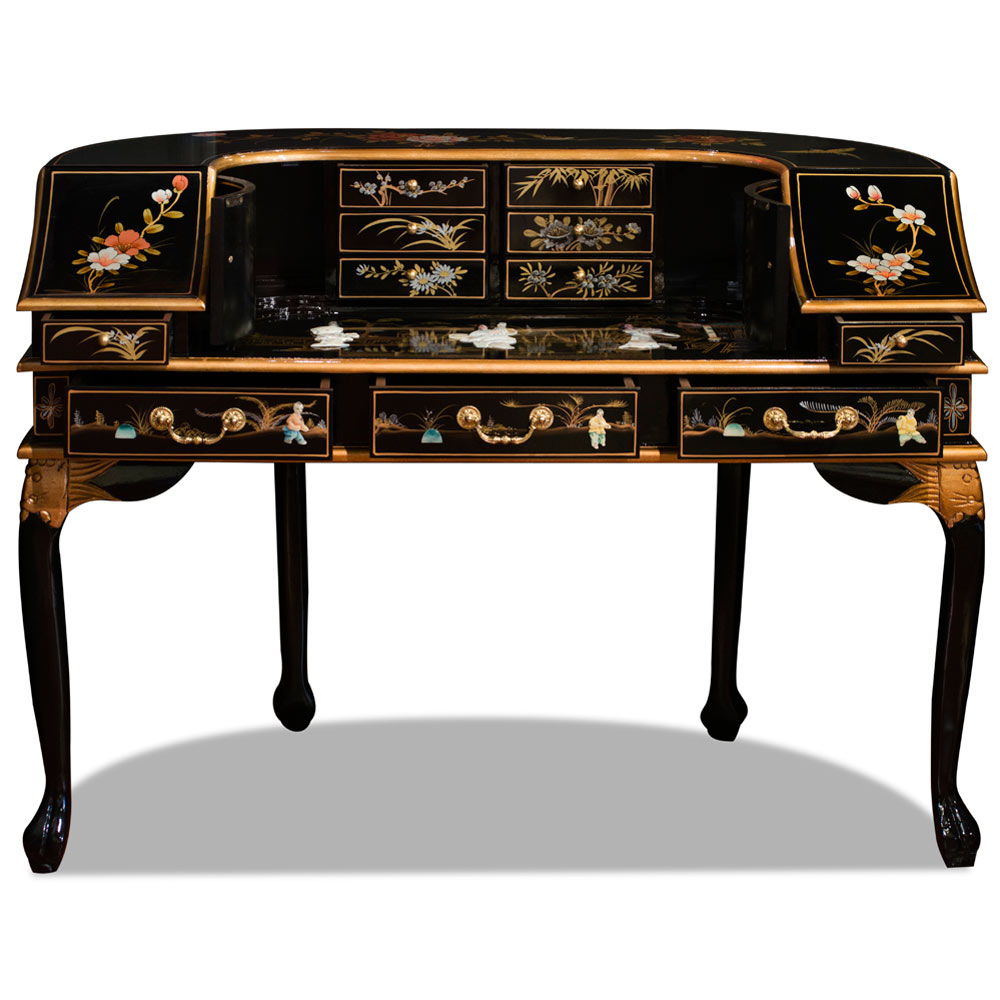 Black Lacquer Mother of Pearl Motif Harpsichord Style Oriental Desk Set