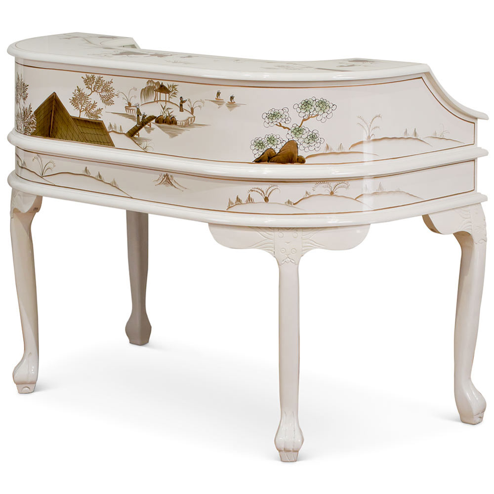 White Lacquer Chinoiserie Harpsichord Style Oriental Desk Set