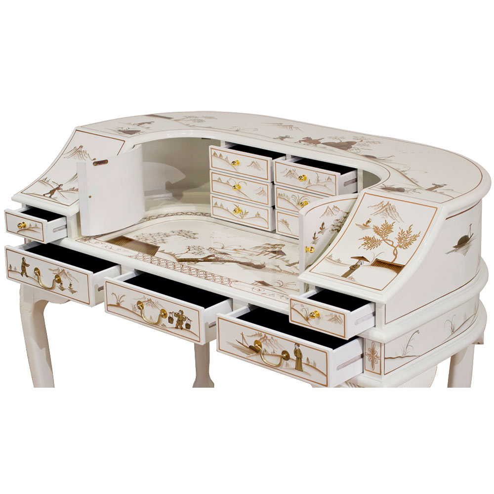 White Lacquer Chinoiserie Harpsichord Style Oriental Desk Set