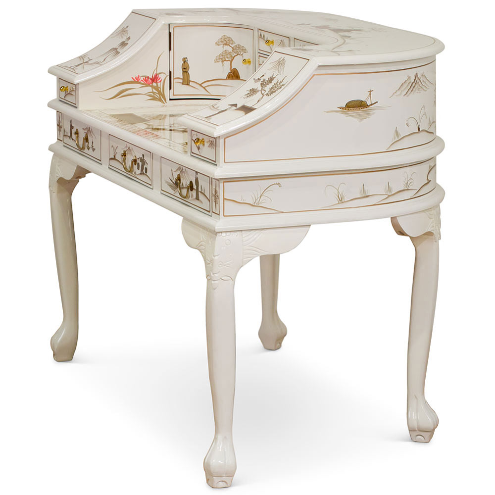 White Lacquer Chinoiserie Harpsichord Style Oriental Desk Set