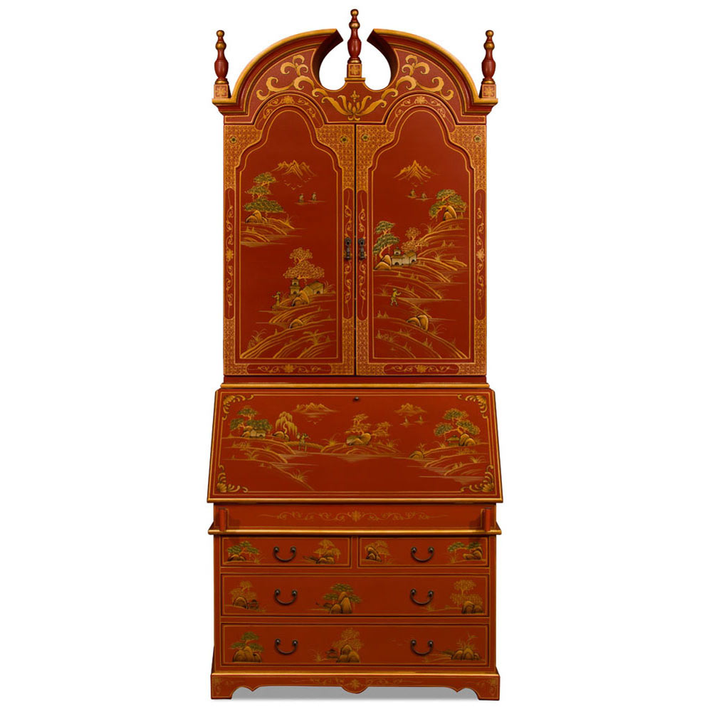 Chinoiserie Scenery French Motif Oriental Secretaire Desk - with FREE Inside Delivery