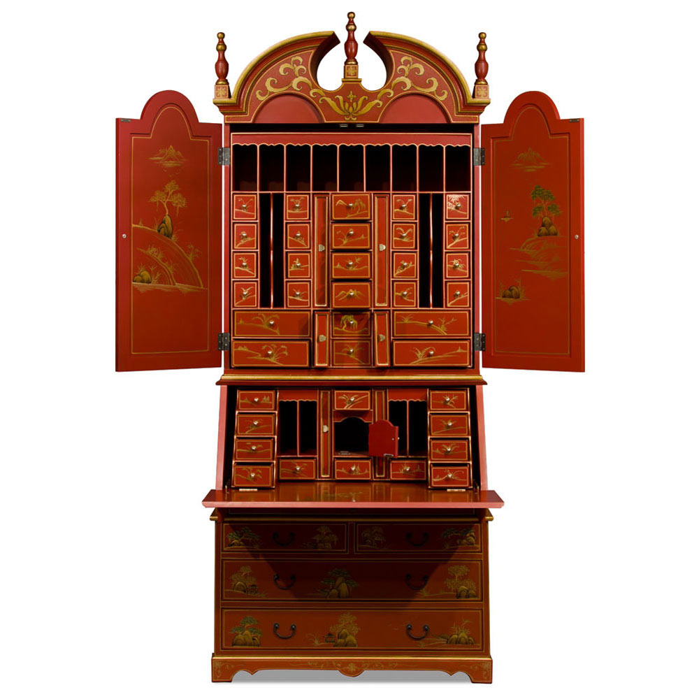 Chinoiserie Scenery French Motif Oriental Secretaire Desk - with FREE Inside Delivery