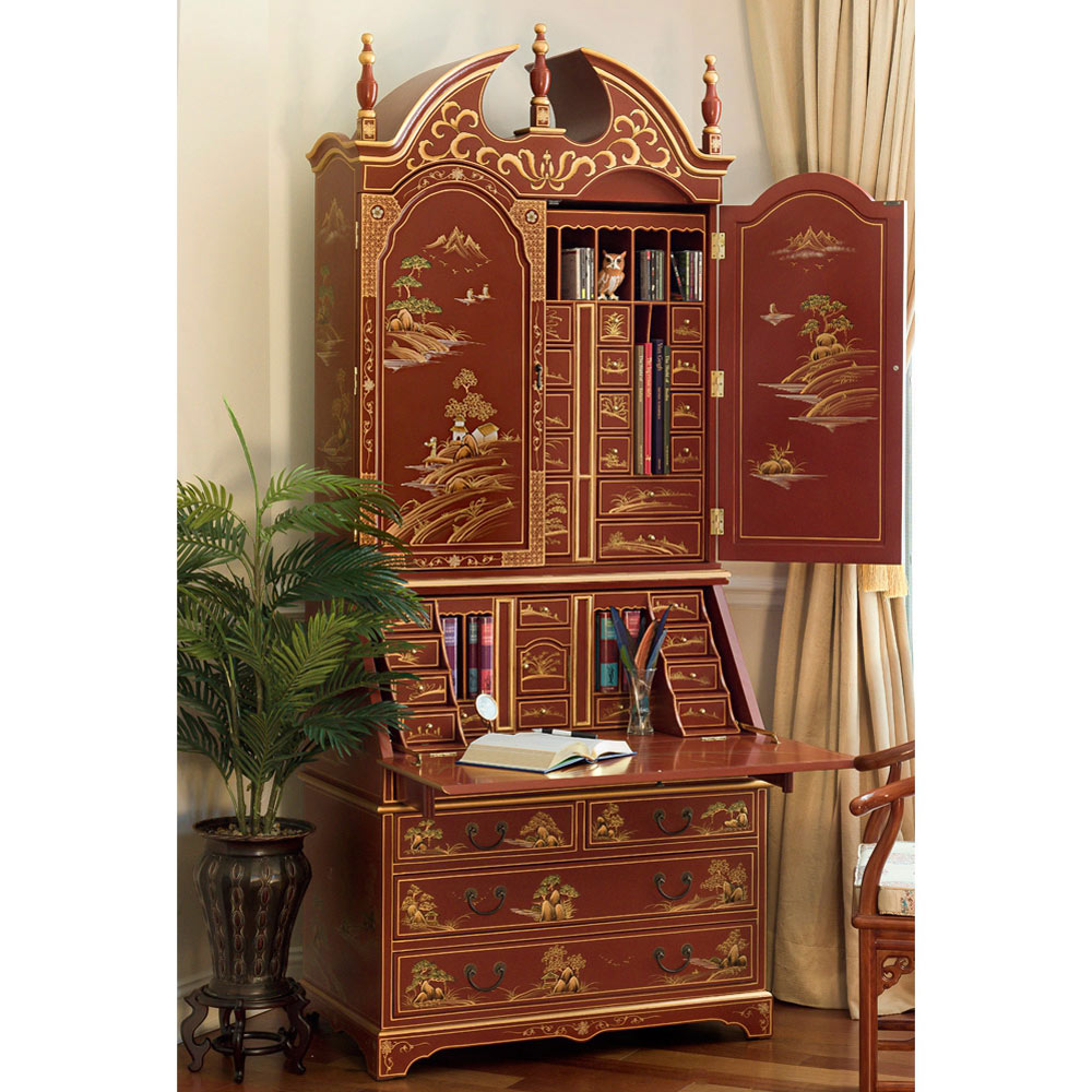 Chinoiserie Scenery French Motif Oriental Secretaire Desk - with FREE Inside Delivery