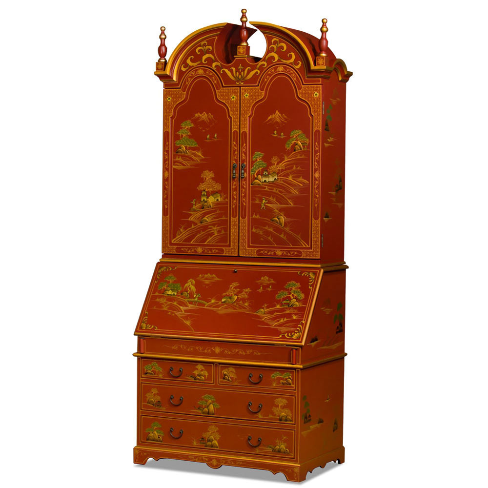 Chinoiserie Scenery French Motif Oriental Secretaire Desk - with FREE Inside Delivery