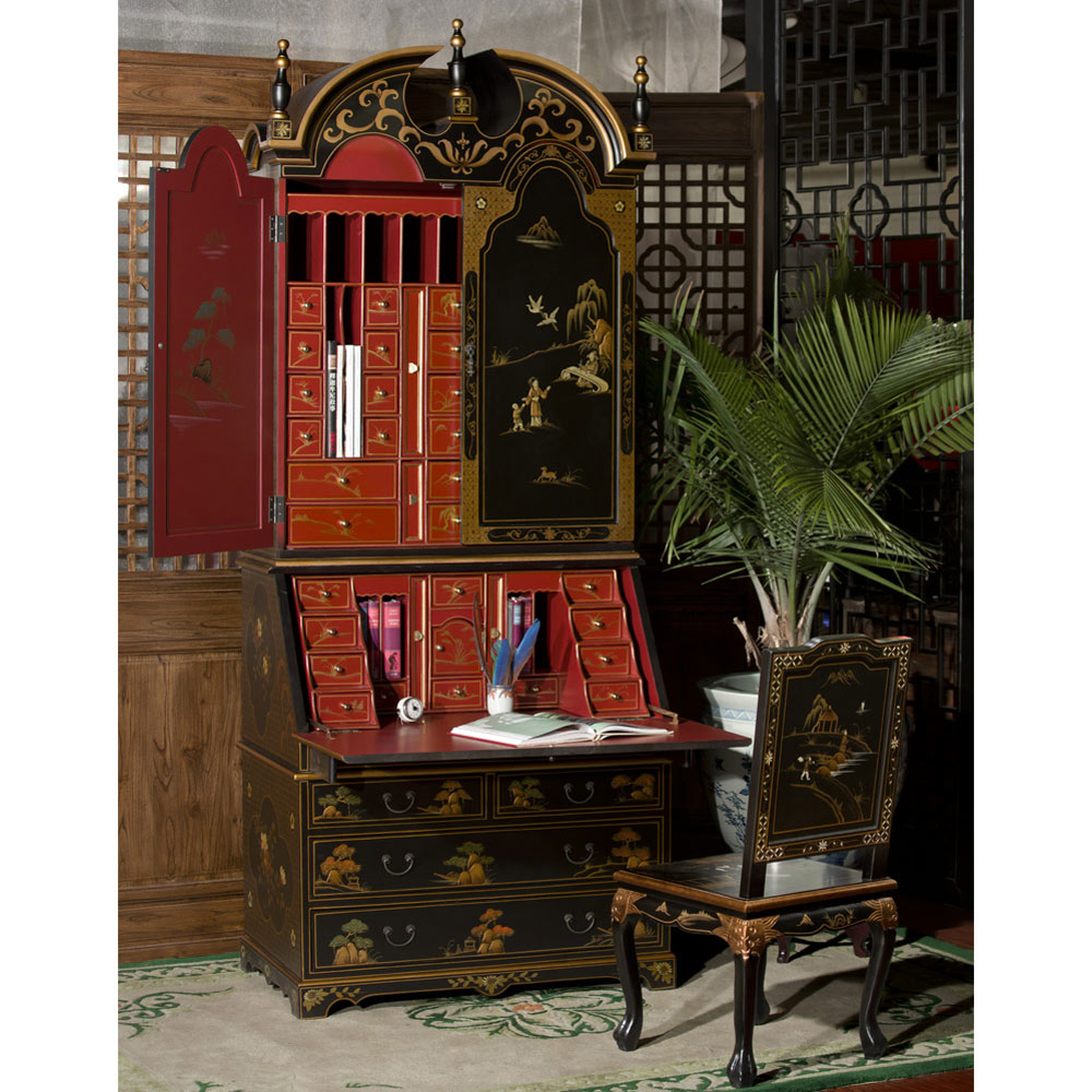 Chinoiserie Scenery French Motif Oriental Secretary Desk - with FREE Inside Delivery