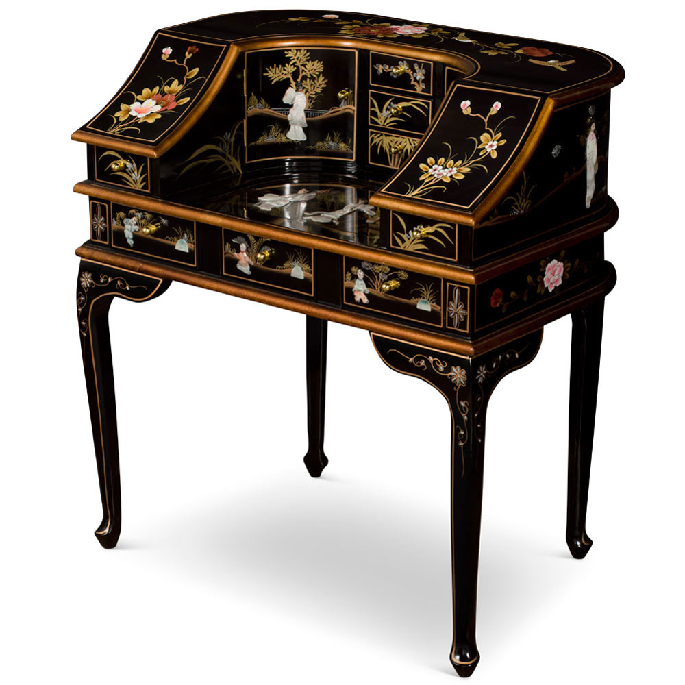 Black Lacquer Mother of Pearl Motif Harpsichord Style Oriental Desk