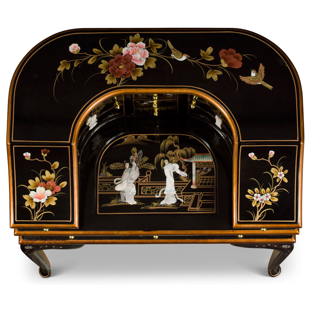 Black Lacquer Mother of Pearl Motif Harpsichord Style Oriental Desk