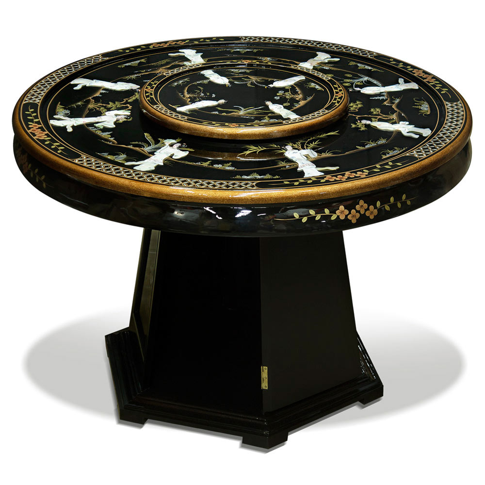 Black Lacquer Mother of Pearl Round Oriental Dining Set with 6 Chairs