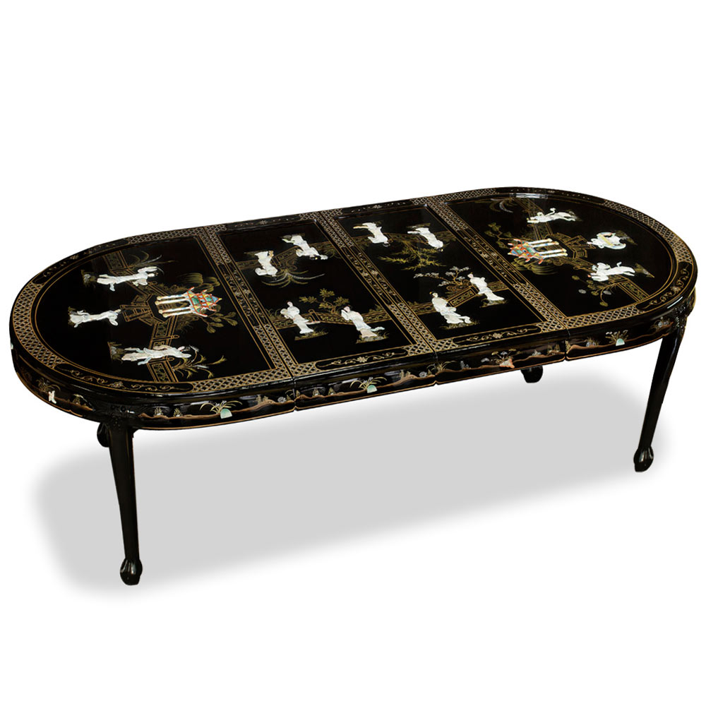 Black Lacquer Mother of Pearl Oval Oriental Dining Set with 8 Chairs