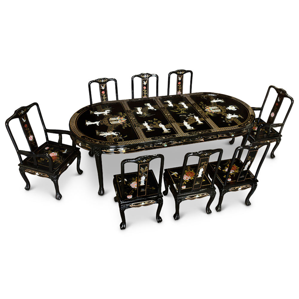 Black Lacquer Mother of Pearl Oval Oriental Dining Set - with FREE Inside Delivery