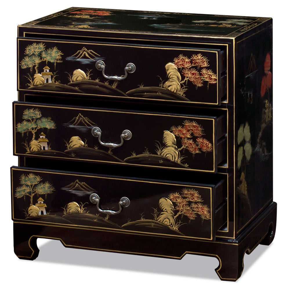 Black Lacquer Chinoiserie Scenery Motif Oriental Chest