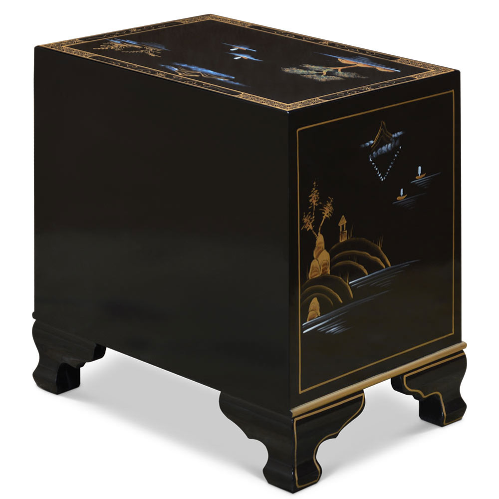 Black Lacquer Chinoiserie with Mother of Pearl Oriental Accent Cabinet