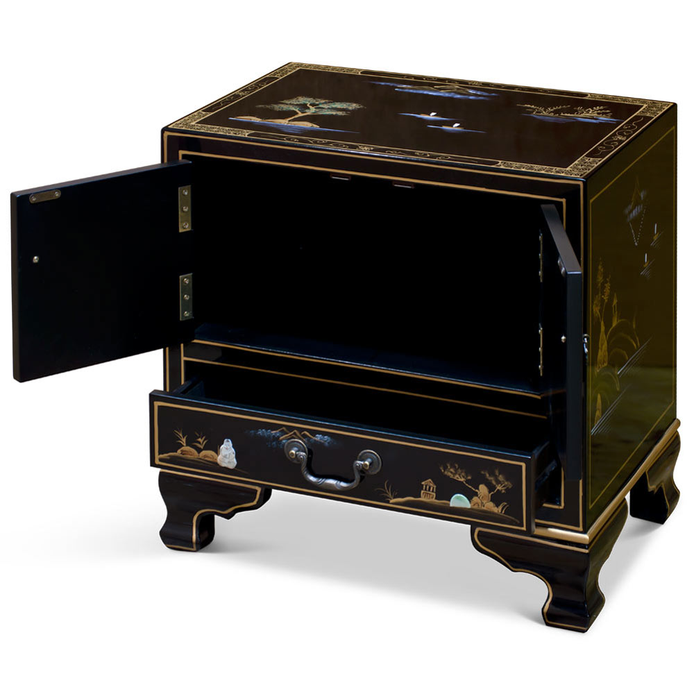 Black Lacquer Chinoiserie with Mother of Pearl Oriental Accent Cabinet