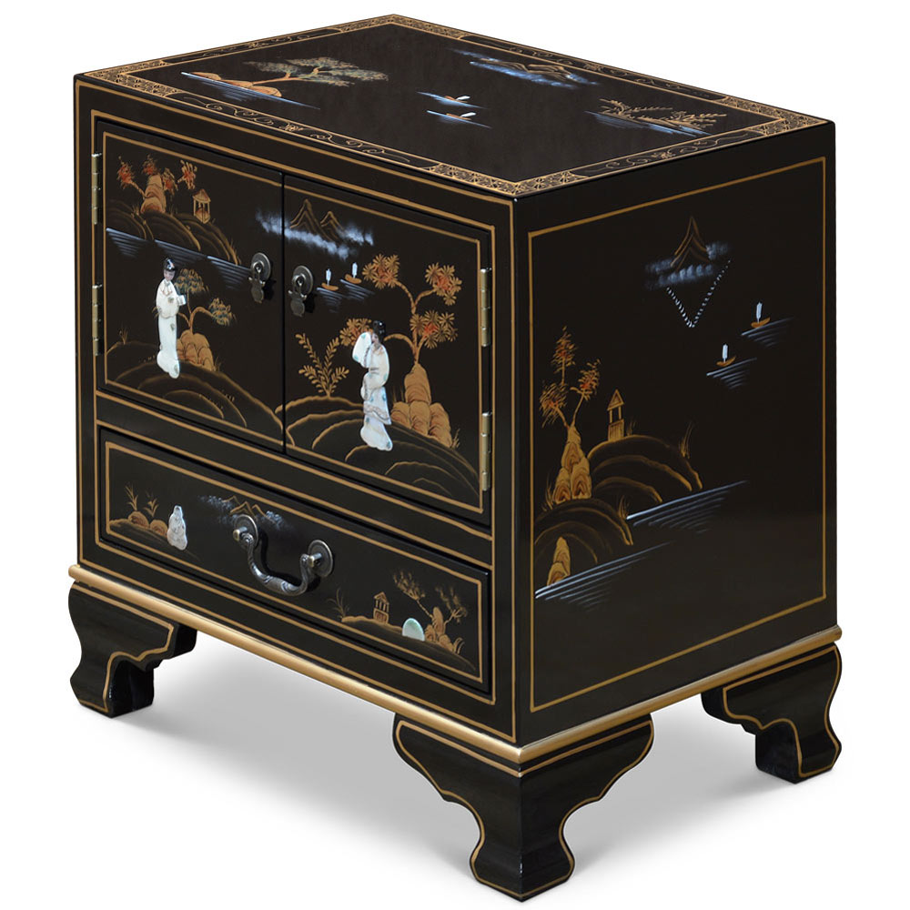 Black Lacquer Chinoiserie with Mother of Pearl Oriental Accent Cabinet