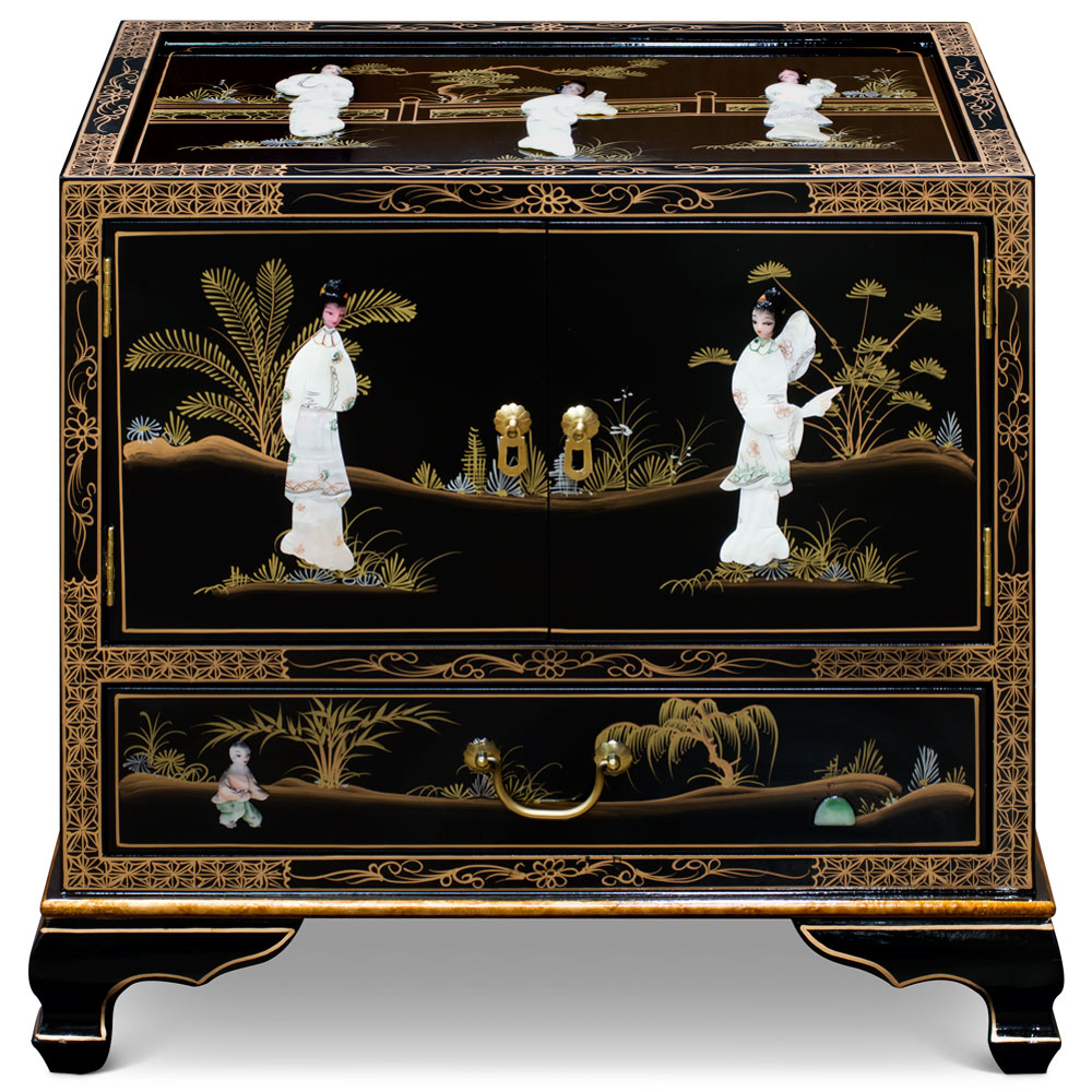 Black Lacquer Mother of Pearl Oriental Accent Cabinet
