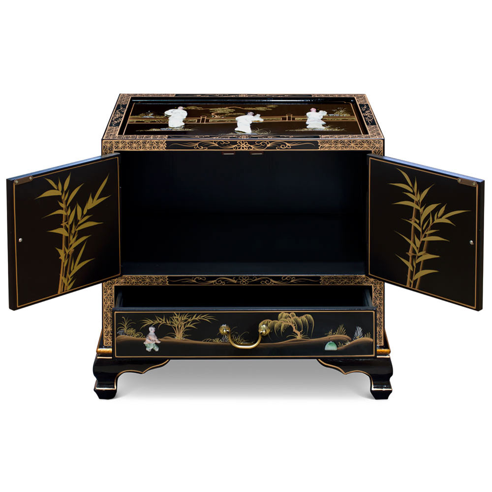 Black Lacquer Mother of Pearl Oriental Accent Cabinet