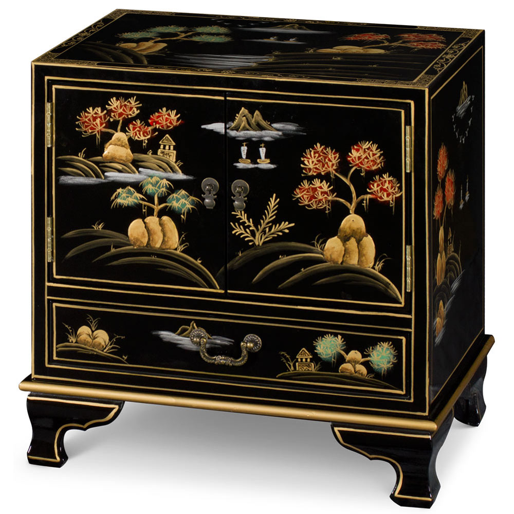 Black Chinoiserie Scenery Motif Oriental Accent Cabinet