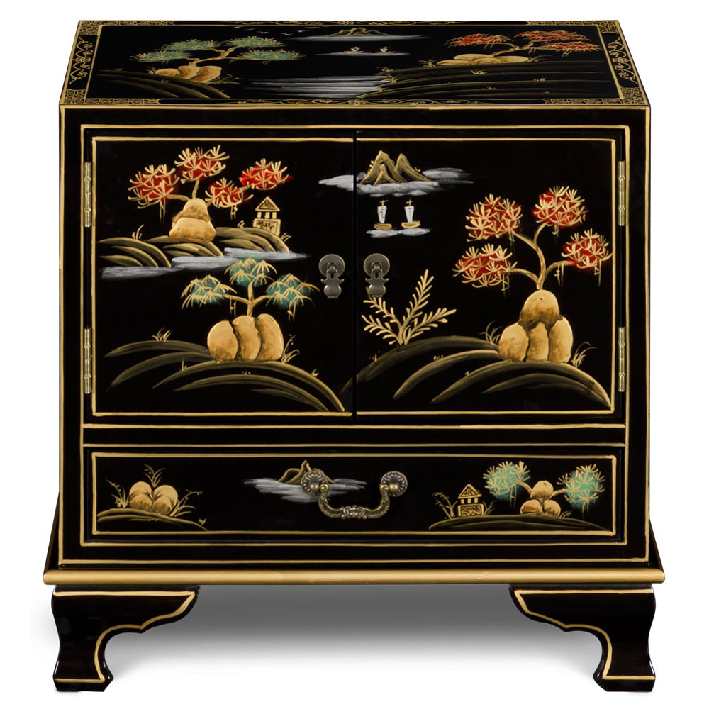 Black Chinoiserie Scenery Motif Oriental Accent Cabinet