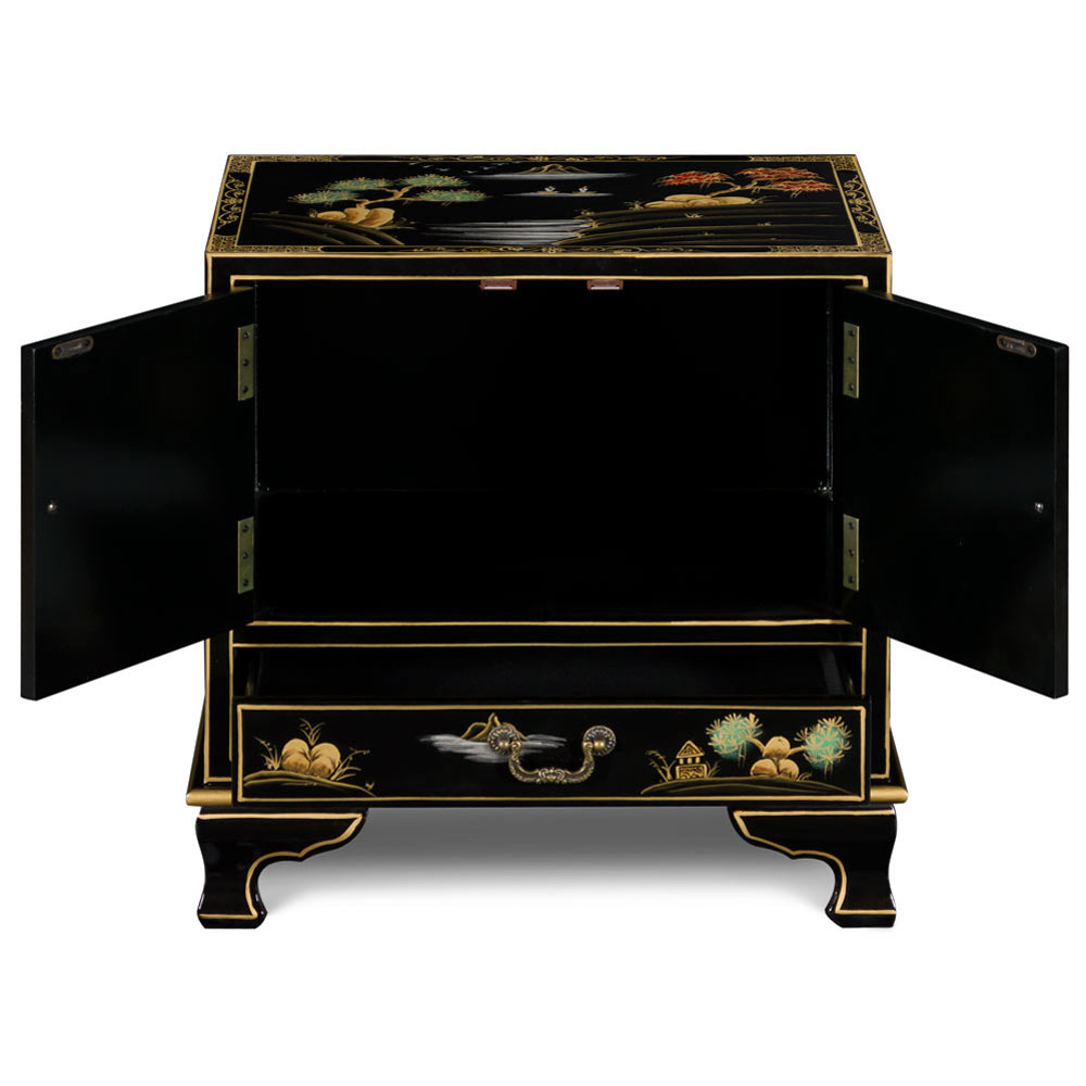 Black Chinoiserie Scenery Motif Oriental Accent Cabinet