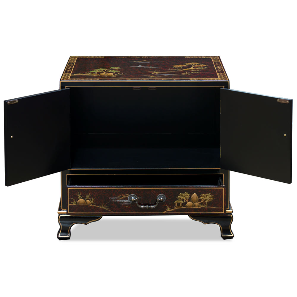 Maroon Chinoiserie Scenery Motif Oriental Accent Cabinet