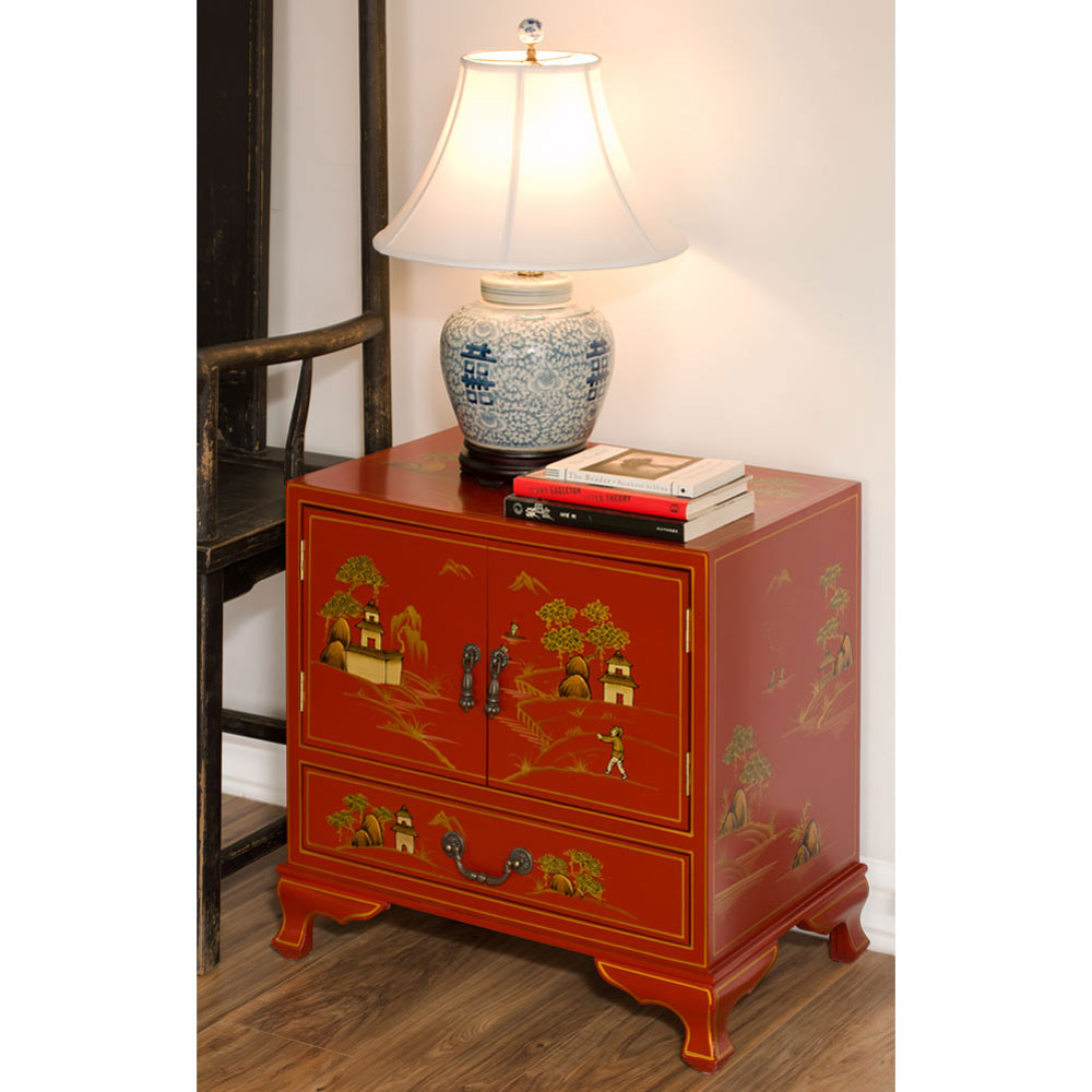 Chinoiserie Scenery Motif Oriental Accent Cabinet