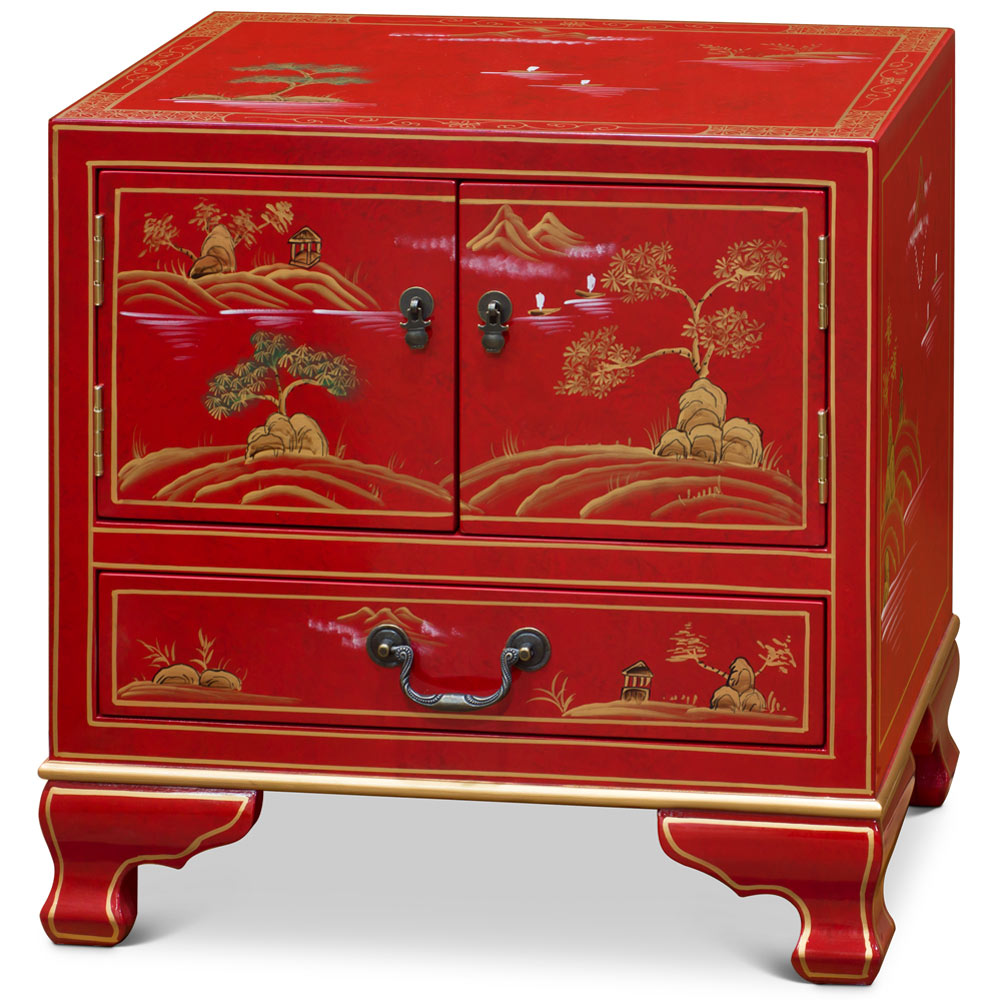 Hand Painted Chinoiseries Scenery Motif Oriental Accent Cabinet