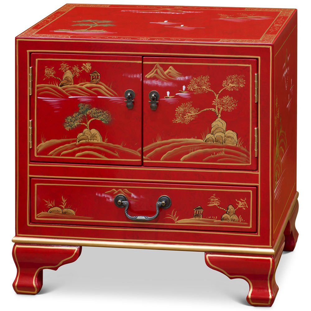 Hand Painted Chinoiseries Scenery Motif Oriental Accent Cabinet