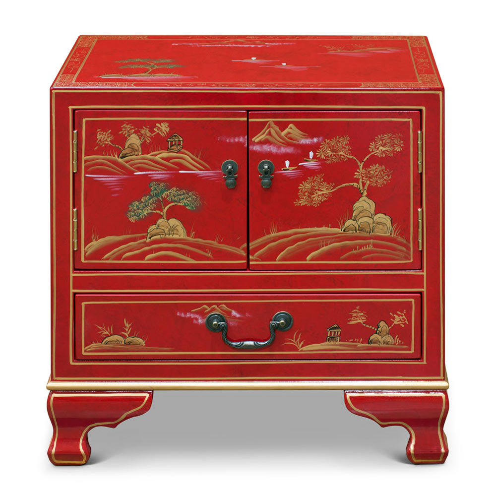 Hand Painted Chinoiseries Scenery Motif Oriental Accent Cabinet