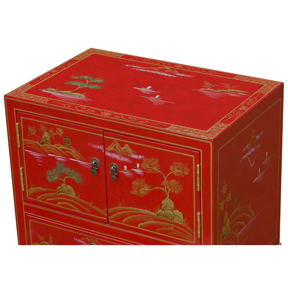 Hand Painted Chinoiseries Scenery Motif Oriental Accent Cabinet