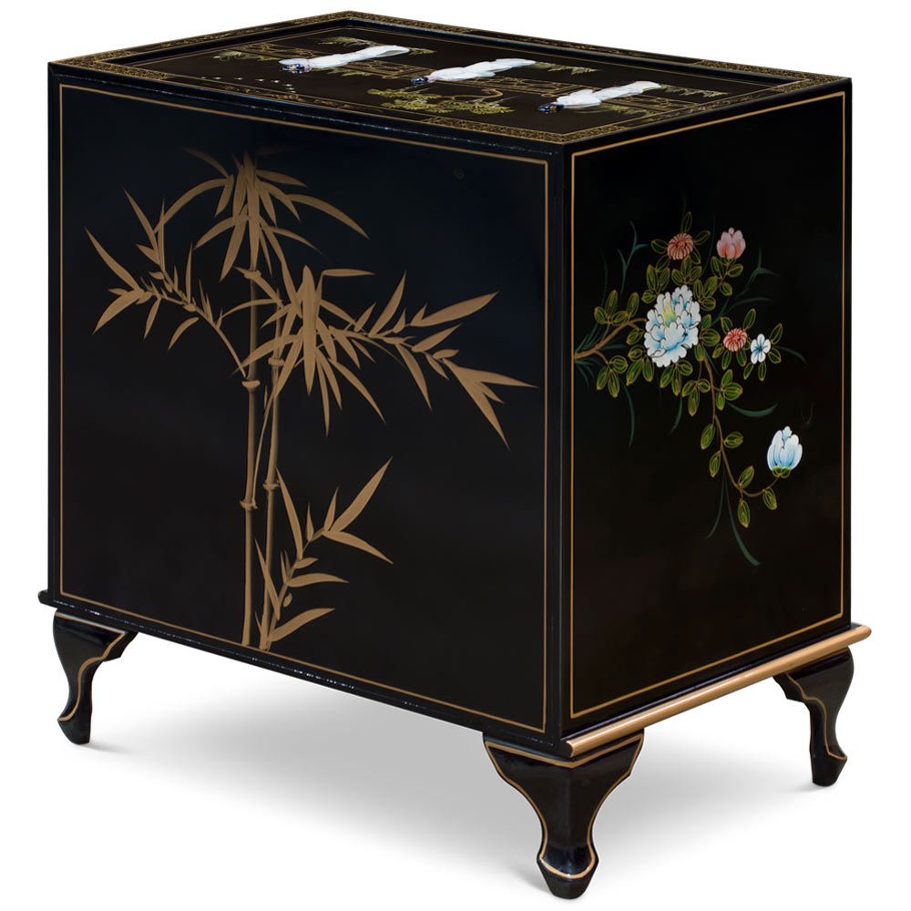 Black Lacquer Mother of Pearl Asian Nightstand