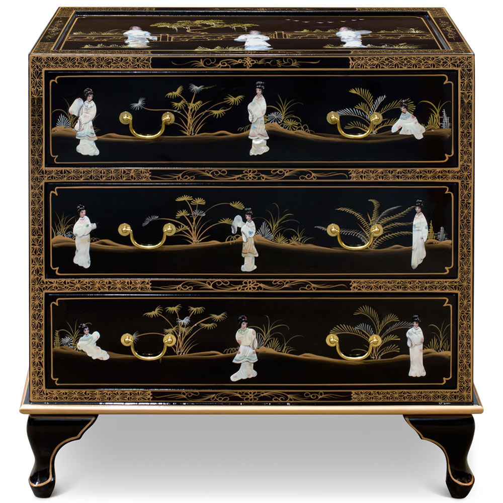 Black Lacquer Mother of Pearl Asian Nightstand