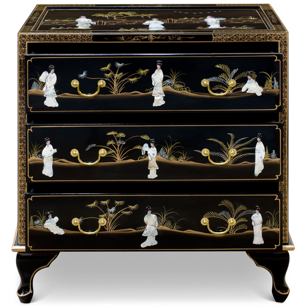 Black Lacquer Mother of Pearl Asian Nightstand